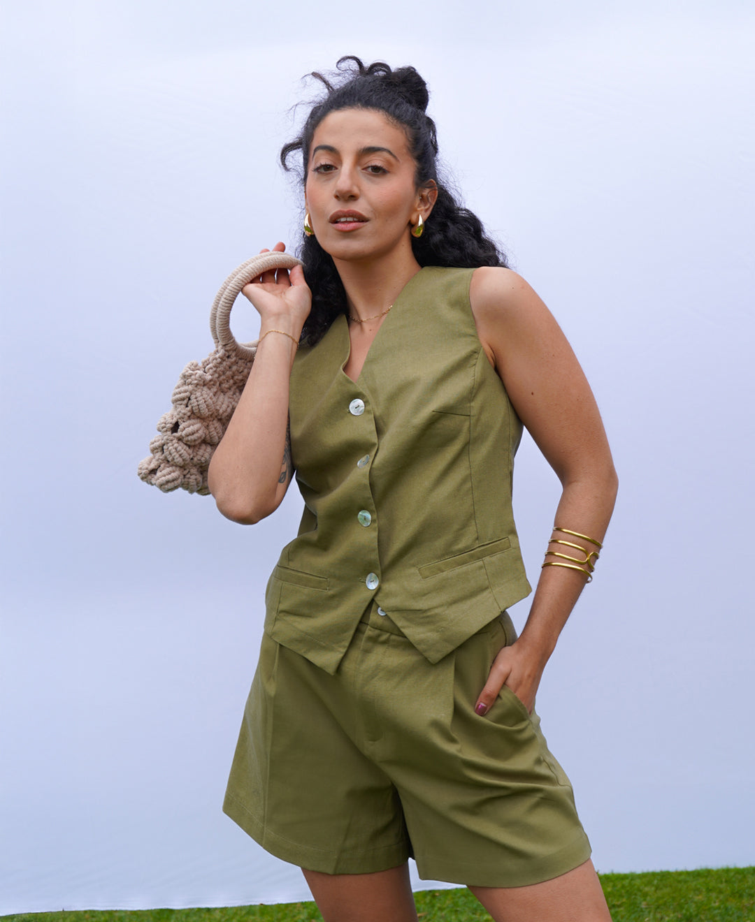 Vest Iky Sastrero Lino Verde Musgo - Imagen 2